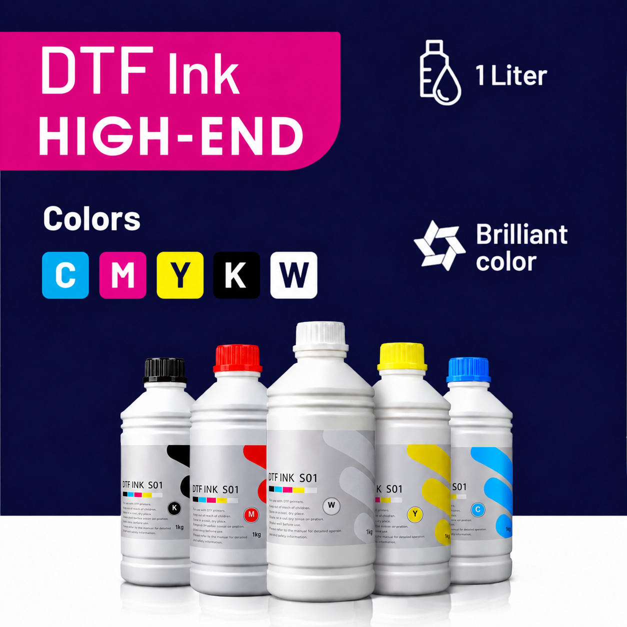 Edited supplier CMYKW family photo; brand markings removed. This listing is for one selected CMYK bottle, not the pictured set.